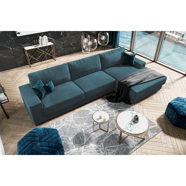 Divano angolare turchese allungabile con rivestimento in velluto a coste Donatella – Milo Casa-image-1