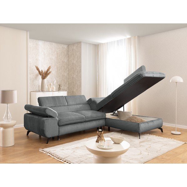 Divano angolare grigio (con penisola a destra/a L) con rivestimento in velluto a coste Marbeya  – Ropez-image-4