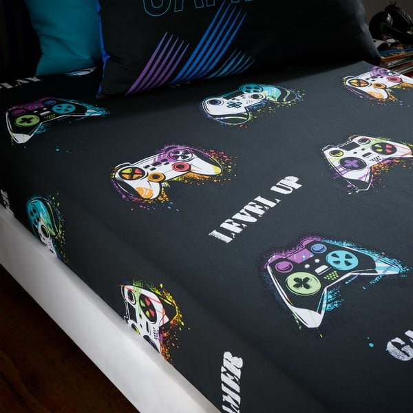 Lenzuolo con angoli per bambini nero per letto singolo 90x190 cm Game Over – Catherine Lansfield-image-1