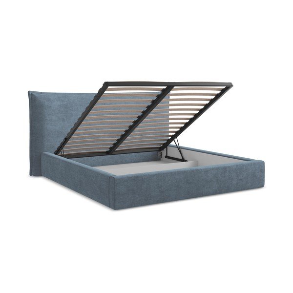 Letto matrimoniale imbottito blu con contenitore con rete inclusa 140x200 cm Esala – Makamii-image-3