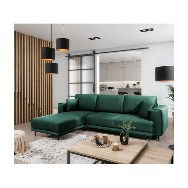 Divano angolare verde allungabile/con contenitore (con penisola a sinistra/con chaise lounge) e rivestimento in velluto Dalia – ELTAP-image-4