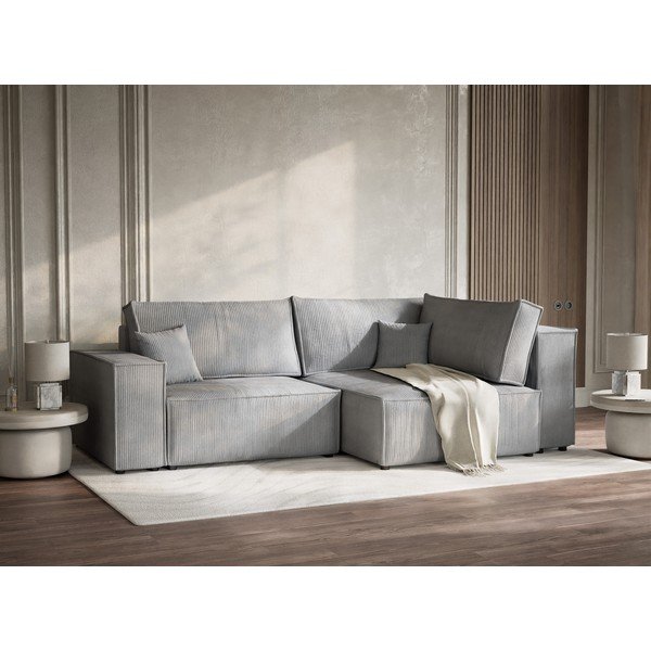 Divano angolare grigio allungabile/con contenitore (con penisola a destra/a L) con rivestimento in velluto a coste Tonga – Maison de Rêve-image-4