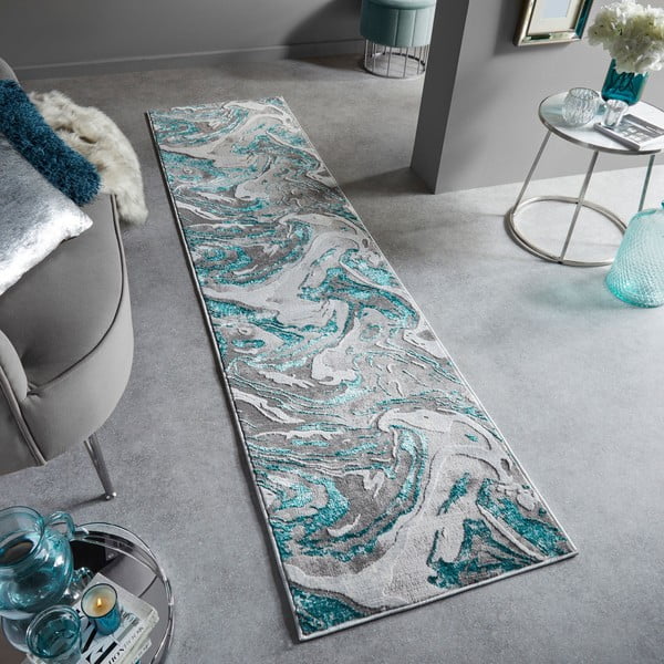 Tappeto grigio/turchese 80x300 cm Marbled - Flair Rugs-image-1