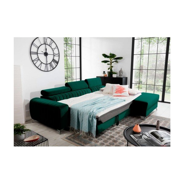Divano angolare verde allungabile/con contenitore (con penisola a destra/con chaise lounge) e rivestimento in velluto Grayson – ELTAP-image-4