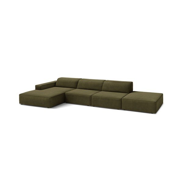 Divano angolare componibile color kaki (con penisola a sinistra/con chaise lounge) con rivestimento in velluto Jodie – Micadoni 