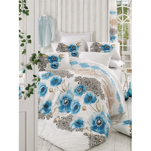 Biancheria da letto singola in cotone Renforcé bianco/blu 140x200 cm Merve - Mijolnir