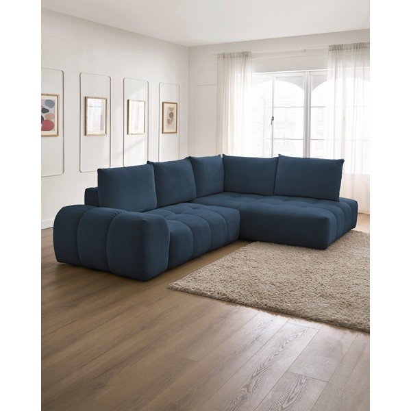 Divano angolare blu scuro allungabile e con contenitore (penisola a destra/a L) con rivestimento in ciniglia Everest – Bobochic Paris-image-1