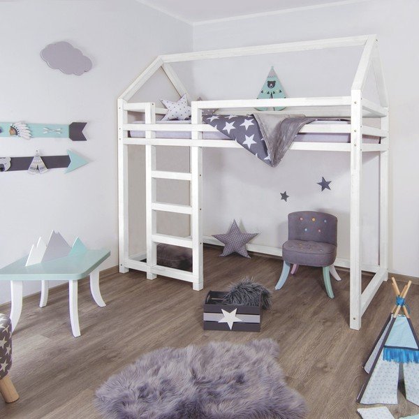 Letto per bambini rialzato in legno bianco Nesty, 120 x 200 cm - Benlemi
