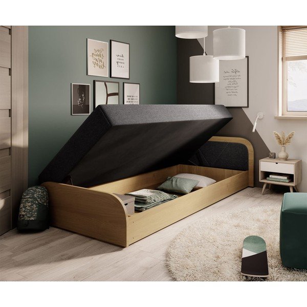 Letto singolo imbottito/in truciolato giallo ocra/grigio scuro con contenitore e materasso inclusi 80x190 cm Parys – ELTAP-image-3