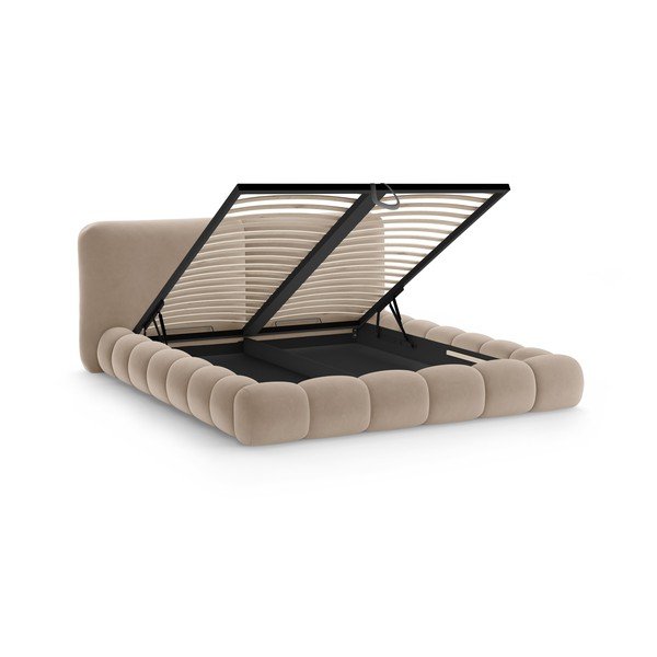 Letto matrimoniale imbottito marrone chiaro con contenitore con rete inclusa 160x200 cm Solange – Micadoni -image-2