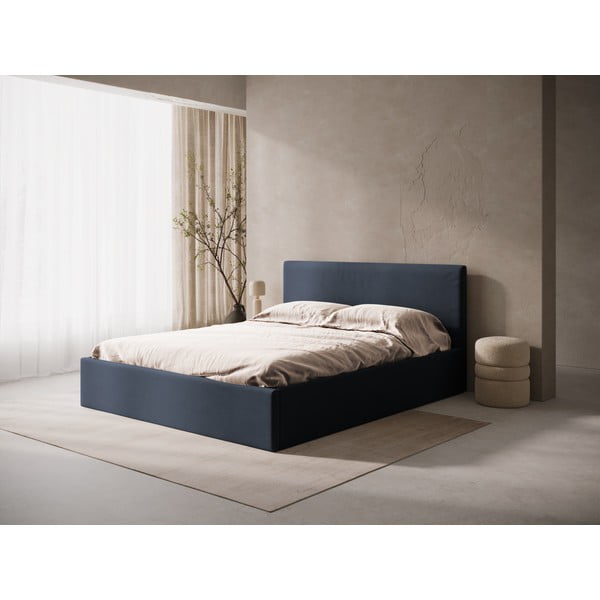 Letto matrimoniale imbottito blu scuro con contenitore/senza testiera con rete inclusa 160x200 cm Susan – Micadoni -image-1