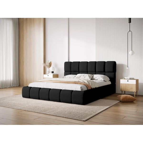 Letto matrimoniale imbottito nero con contenitore con griglia 180x200 cm Bellis - Micadoni Home-image-1