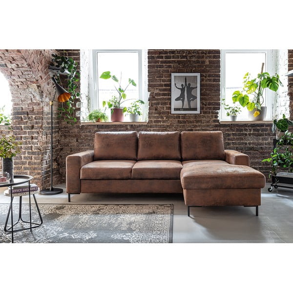 Divano letto vintage in similpelle marrone, angolo destro Lofty Lilly - Miuform-image-1