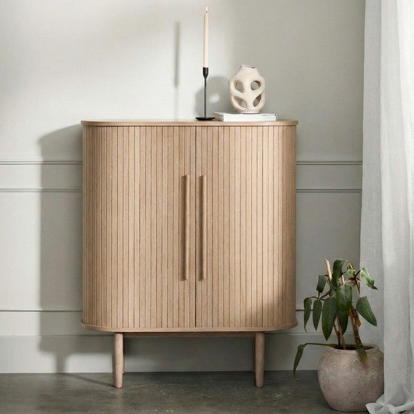 Armadietto colore naturale chiaro con effetto rovere con porte scorrevoli 100x118x40 cm Meta – Unique Furniture-image-1