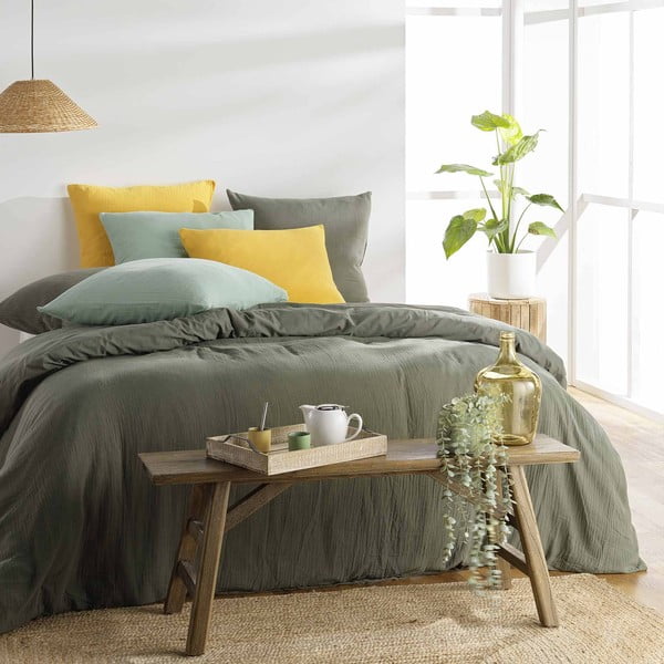 Biancheria da letto color kaki in mussola per letto singolo 140x200 cm Angelia – douceur d'intérieur-image-2