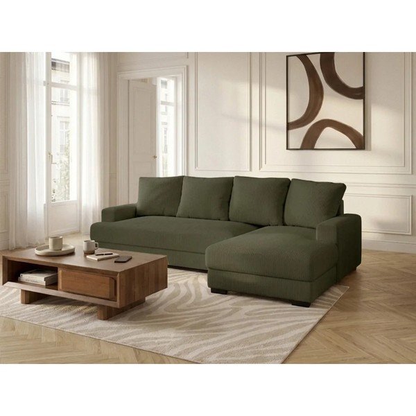 Divano angolare verde allungabile/con contenitore (con penisola a destra/con chaise lounge) con rivestimento in velluto a coste Campi – Bobochic Paris-image-2