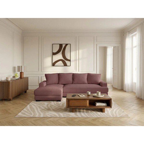 Divano angolare rosa allungabile/con contenitore (con penisola a sinistra/con chaise lounge) con rivestimento in velluto a coste Campi – Bobochic Paris-image-1