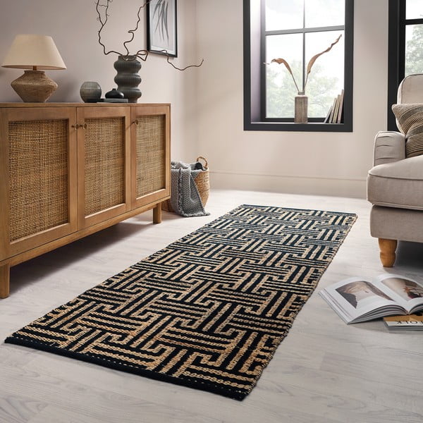Passatoia nera/di colore naturale in misto iuta tessuta a mano 80x230 cm Meander Jute – Flair Rugs-image-1