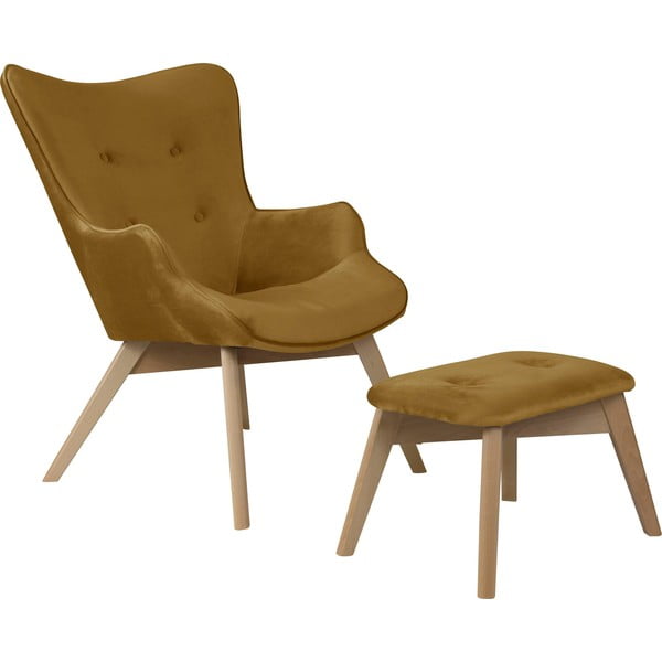 Poltrona con poggiapiedi color senape con rivestimento in velluto Niko – Ropez