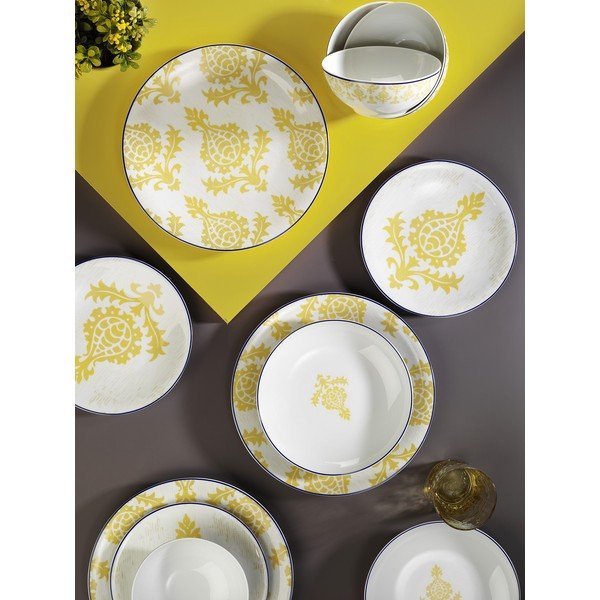 Set di 24 pezzi di piatti in porcellana bianca e gialla Ornamenti - Kütahya Porselen-image-1
