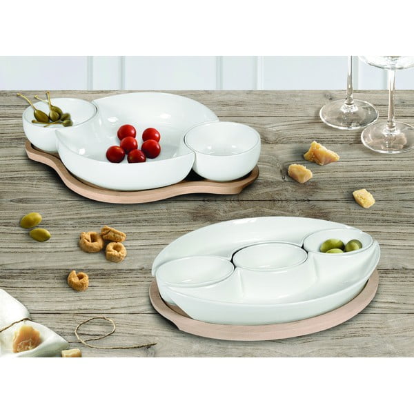Set di 5 ciotole da portata in porcellana bianca su vassoio in bambù Plait - Brandani-image-1