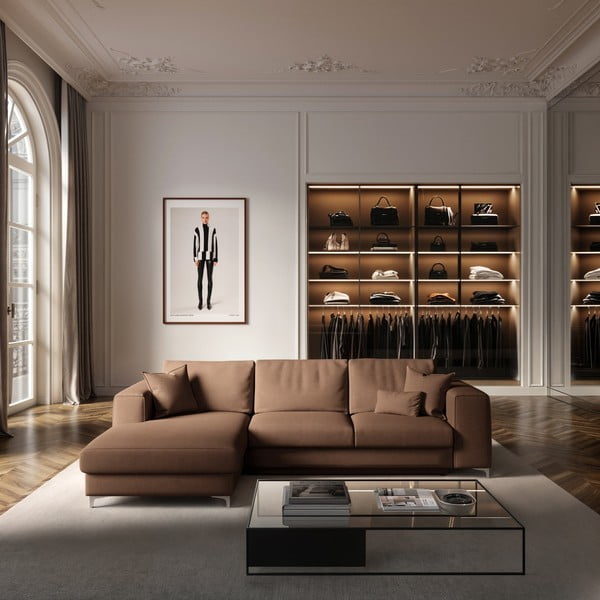 Divano angolare marrone allungabile e con contenitore (con penisola a sinistra e chaise lounge) rivestito in velluto Rene – Rodier-image-1