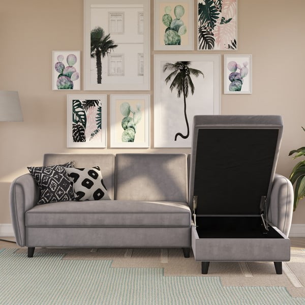 Divano letto angolare in velluto grigio Perry - Støraa-image-1