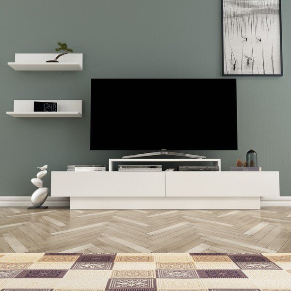 Set di tavolo TV bianco e 2 mensole a muro TV Bianco Lucca - Zena Home-image-1