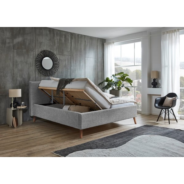Letto matrimoniale imbottito grigio chiaro con contenitore con rete inclusa 180x200 cm Riva – Meise Möbel-image-3