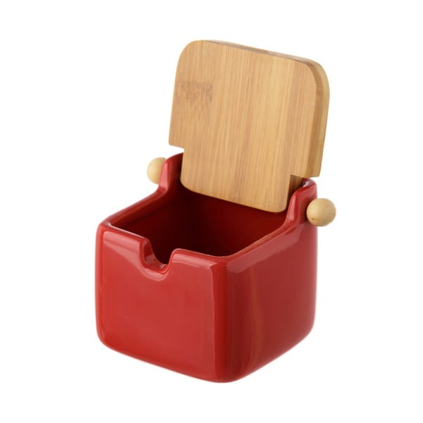 Vaso per sale in gres rosso con coperchio in bambù , 250 ml - Casa Selección-image-1