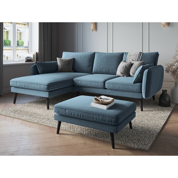Divano angolare in velluto azzurro con gambe nere, angolo sinistro Lento - Kooko Home-image-4