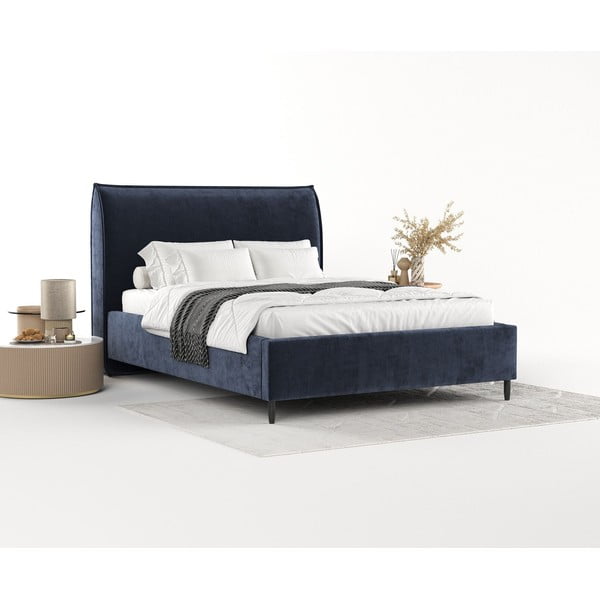 Letto matrimoniale imbottito blu scuro con spazio contenitivo e rete 140x200 cm Shell - Maison de Rêve-image-2