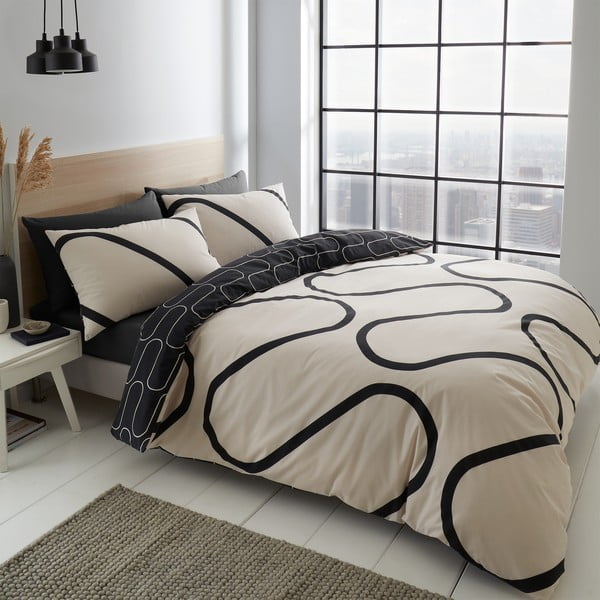 Biancheria da letto nera e beige 200x135 cm Linear Curve - Catherine Lansfield-image-1