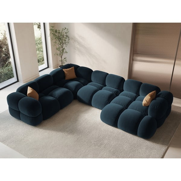 Divano angolare blu scuro (con penisola a sinistra/a U) con rivestimento in velluto Loretto – Cosmopolitan Design-image-1