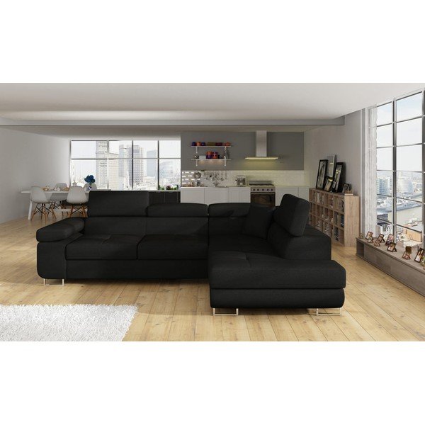 Divano angolare nero allungabile/con contenitore (con penisola a destra/a L) Anton – ELTAP-image-1