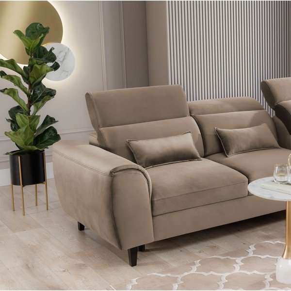 Divano angolare marrone chiaro allungabile/con contenitore (con penisola a destra/con chaise lounge) e rivestimento in velluto Foble – ELTAP-image-1