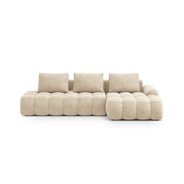 Divano angolare beige allungabile/con contenitore (con penisola a destra/con chaise lounge) con rivestimento in velluto Linz – Cosmopolitan Design