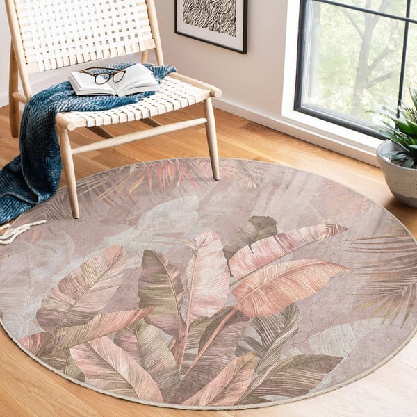 Tappeto rotondo in rosa chiaro lavabile ø 120 cm Dusty Leaves – Mila Home-image-4