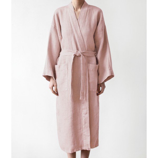Unisex pudrově růžový župan z bavlny a lnu Linen Tales, vel. L