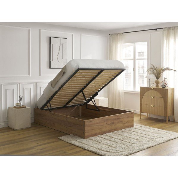 Letto matrimoniale marrone con effetto betulla in truciolato con contenitore/senza testiera con rete inclusa 140x190 cm Mara – Bobochic Paris-image-3