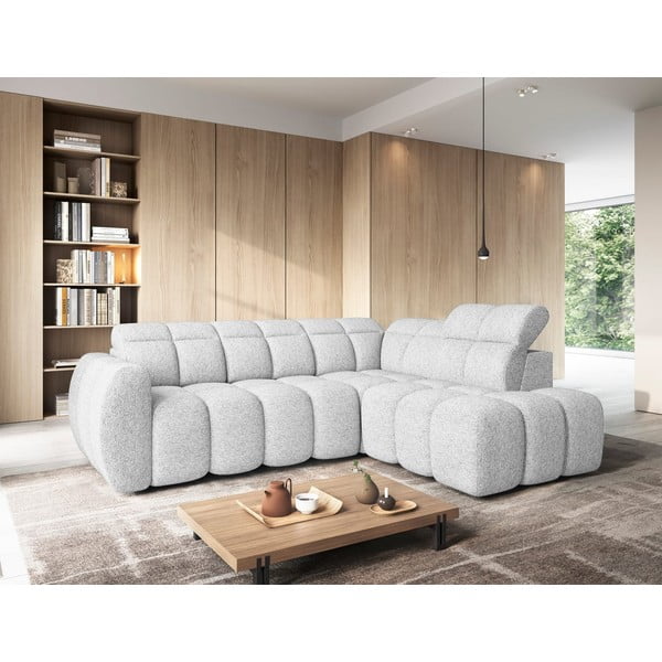 Divano angolare grigio chiaro allungabile/con contenitore (con penisola a destra/a L) e rivestimento in bouclé Falconn – ELTAP-image-1