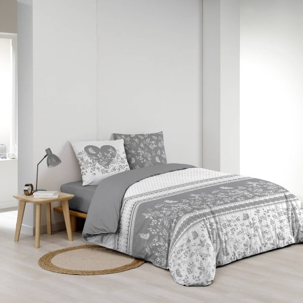 Set copripiumino e federa bianco/grigio in cotone per letto matrimoniale 200x200 cm Annie – douceur d'intérieur-image-2