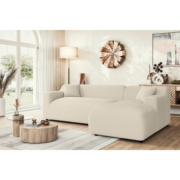 Divano angolare beige/color crema (con penisola a destra e chaise lounge) rivestito in velluto a coste Martin – Ropez-image-1