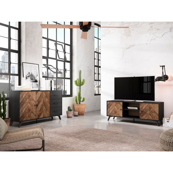 Tavolo TV nero in noce 136x53 cm Chevrons - Marckeric-image-1