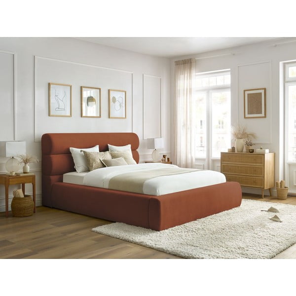 Letto matrimoniale imbottito arancione con vano contenitore con griglia 180x200 cm Jagna - Bobochic Paris-image-1