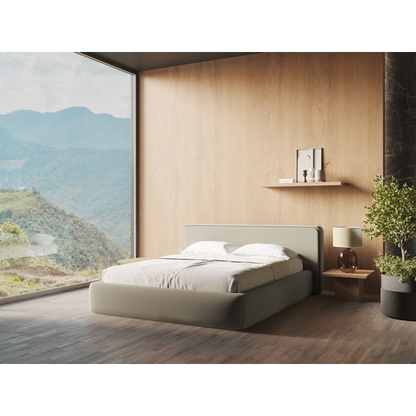 Letto matrimoniale imbottito beige con vano contenitore con griglia 160x200 cm Kiana - Makamii-image-1