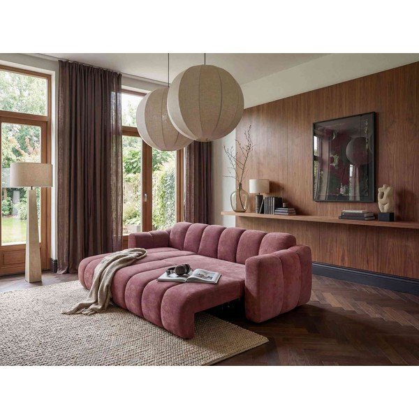 Divano angolare rosso allungabile (con penisola a sinistra) con rivestimento in ciniglia Michell – Miuform-image-1