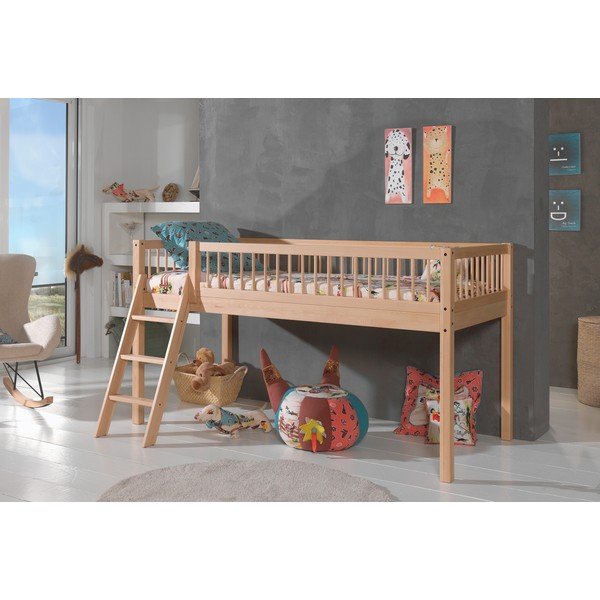 Letto da bambini rialzato di colore naturale in faggio massiccio con rete inclusa 90x200 cm Forrest – Vipack-image-3