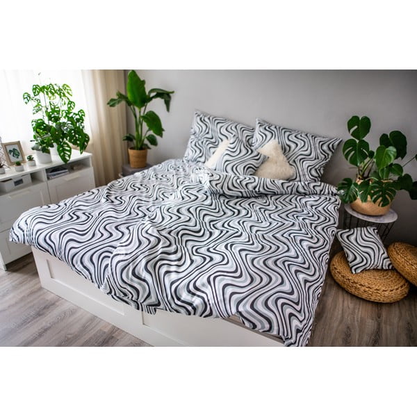 Biancheria da letto in cotone sateen bianco e nero Waves, 140 x 200 cm Ema - Cotton House