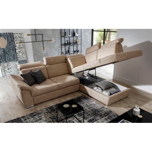 Divano angolare beige allungabile/con contenitore (con penisola a destra/a L) e rivestimento in velluto Loreto – ELTAP-image-3